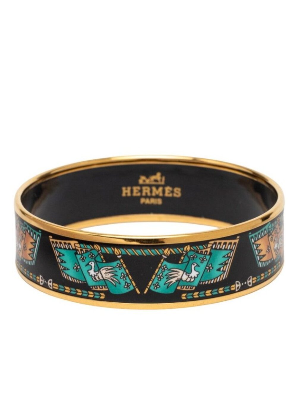 Hermes Enamel GM Cloisonne Bracelet Bangle Gold Black Plated